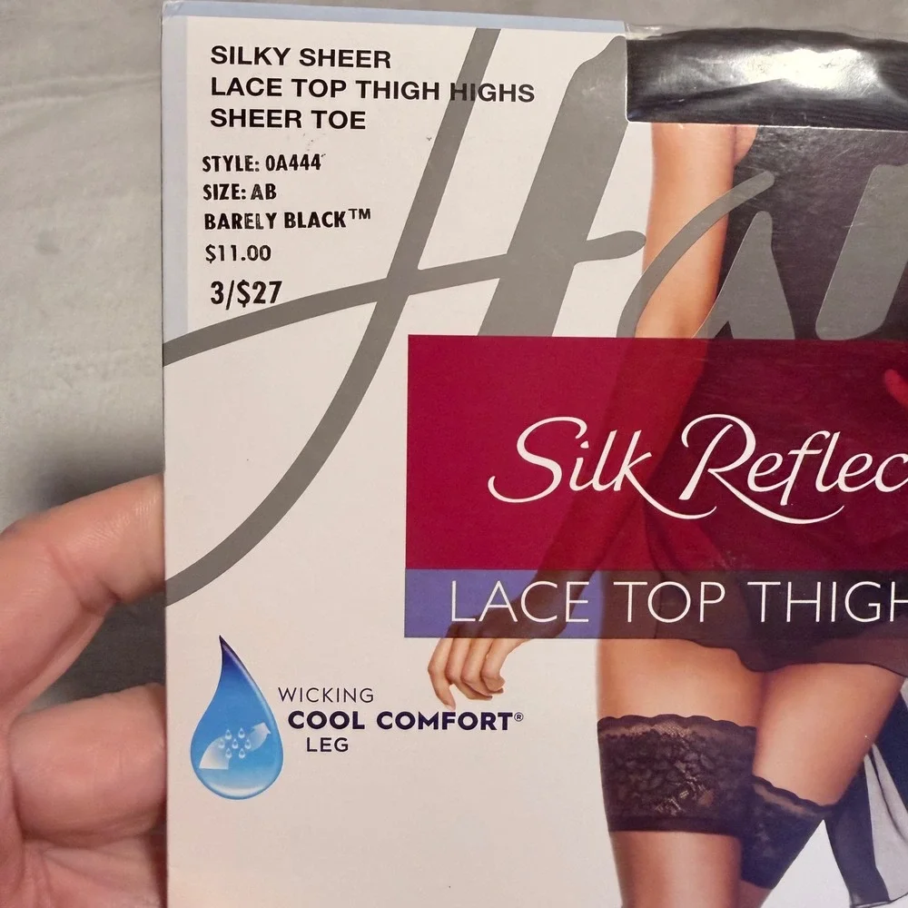 Hanes Silk Reflections Lace Top Thigh Highs AB Barely Black Cool Comfort New